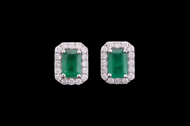 18ct White Gold Diamond and Emerald Rectangular Cluster Stud Earrings