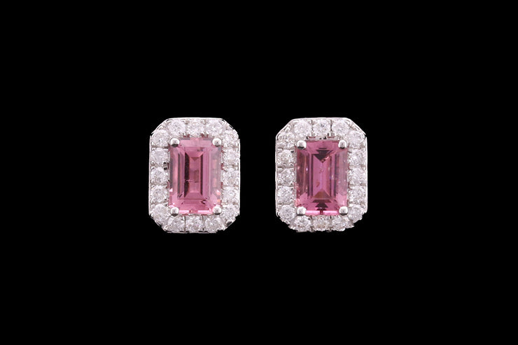18ct White Gold Diamond and Pink Tourmaline Rectangular Cluster Stud Earrings