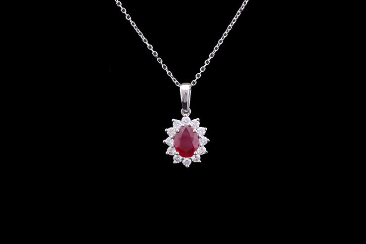 18ct White Gold Diamond and Ruby Oval Cluster Pendant