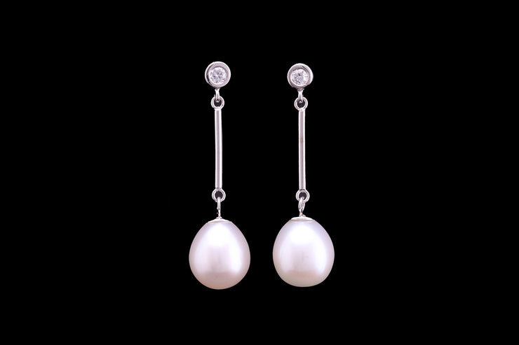 9ct White Gold Diamond and Freshwater Pearl Drop Earrings