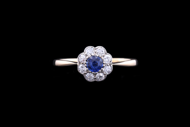 Edwardian 18ct Yellow Gold and Platinum Diamond and Sapphire Daisy Cluster Ring