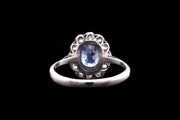 Art Deco 18ct White Gold Diamond and Cornflower Sapphire Oval Cluster Ring