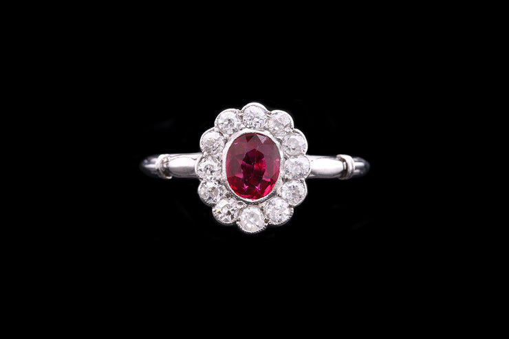 Platinum Diamond and Ruby Oval Cluster Ring