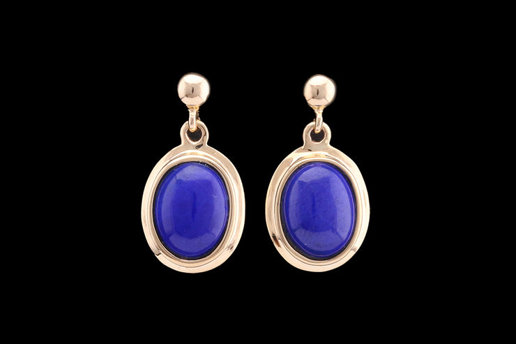 9ct Yellow Gold Lapis Lazuli Oval Drop Earrings with Gold Surround