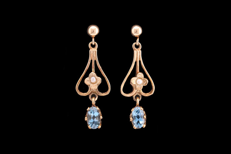 9ct Yellow Gold Aquamarine and Seed Pearl Drop Earrings