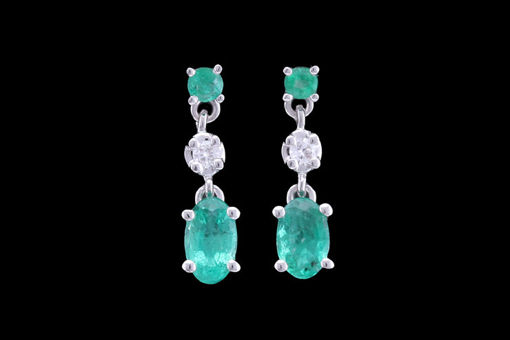 18ct White Gold Diamond and Emerald Triple Drop Earrings