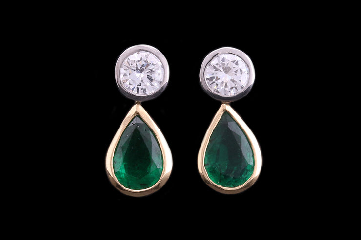 18ct Yellow Gold and White Gold Diamond and Emerald Drop Earrings
