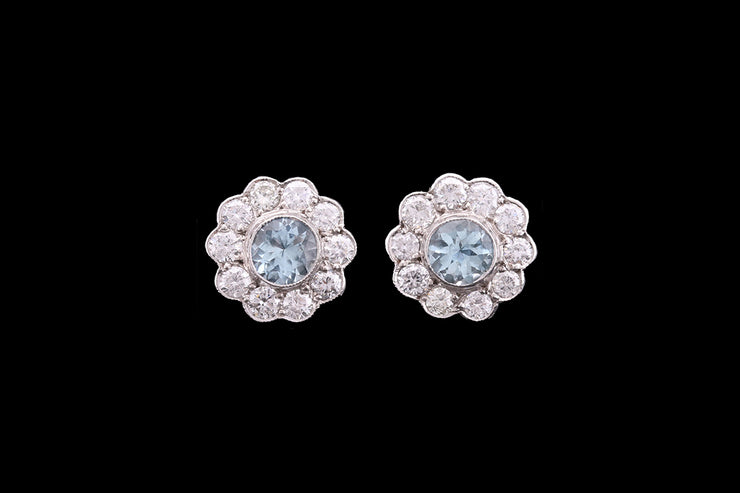 18ct White Gold Diamond and Aquamarine Cluster Stud Earrings