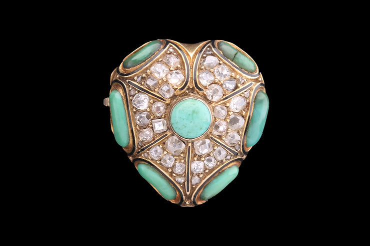 Victorian 15ct Yellow Gold Diamond and Turquoise Heart Brooch