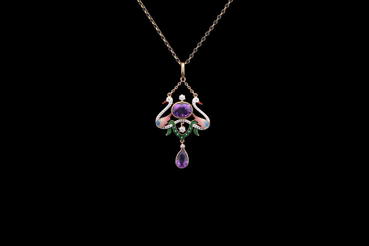 Victorian 18ct Yellow Gold and 9ct Yellow Gold Diamond, Amethyst and Enamel Swan Drop Pendant