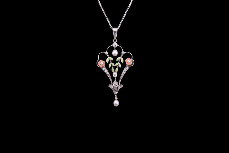 Belle Époque 18ct White Gold Diamond, Enamel and Pearl Decorative Drop Pendant