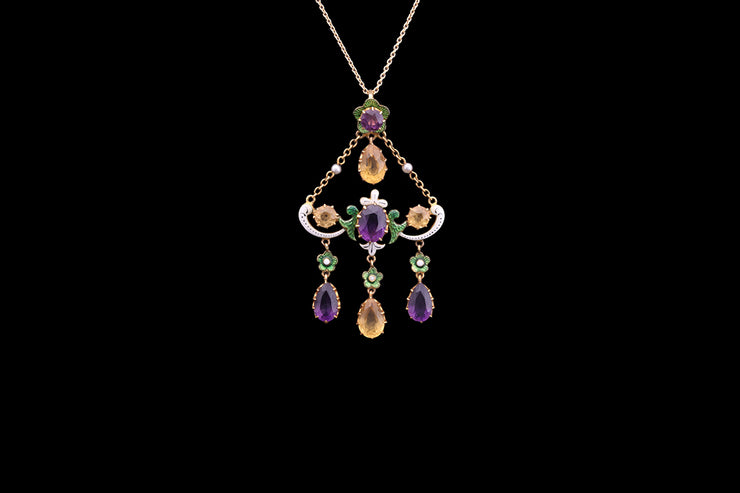 Victorian 18ct Yellow Gold Amethyst, Citrine, Enamel and Seed Pearl Decorative Drop Pendant