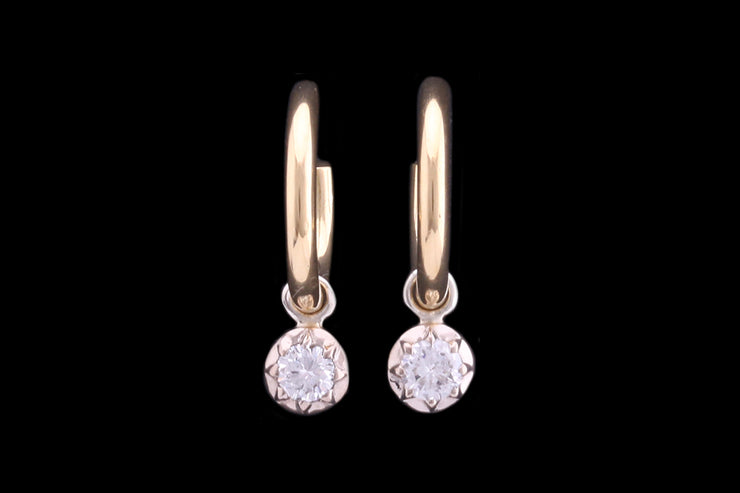 18ct Yellow Gold and White Gold Diamond Hoop Drop Earrings