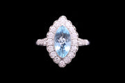 18ct White Gold Diamond and Aquamarine Marquise Cluster Ring with Diamond Shoulders