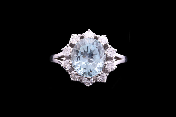 18ct White Gold Diamond and Aquamarine Cluster Ring