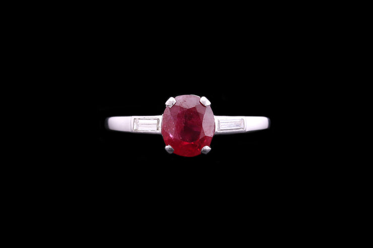 18ct White Gold Ruby Single Stone Ring with Diamond Shoulders