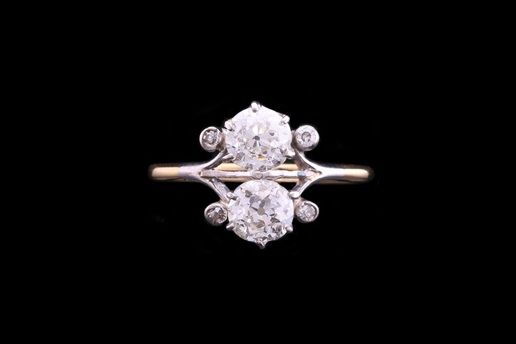Art Nouveau 18ct Yellow Gold and Platinum Diamond Two Stone Dress Ring