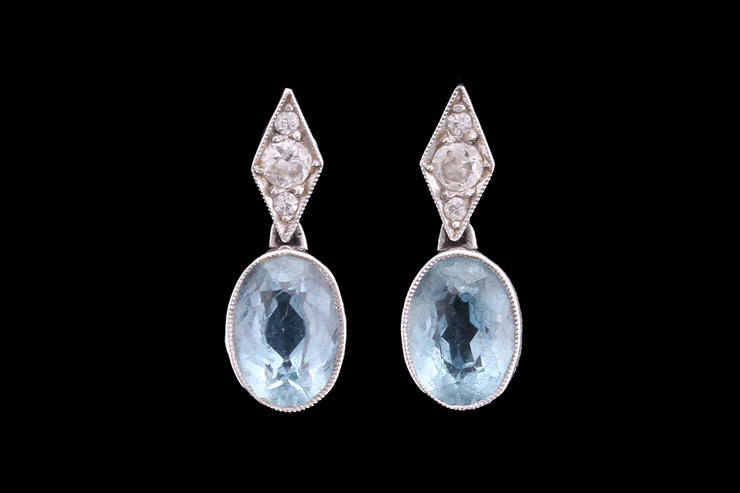 Edwardian 18ct White Gold Diamond and Aquamarine Drop Earrings