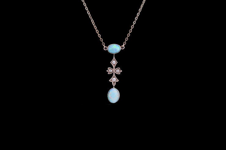 Victorian 9ct Yellow Gold and Silver Diamond and Opal Drop Pendant
