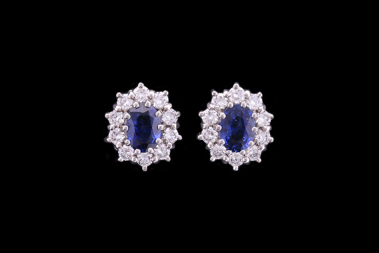 18ct White Gold Diamond and Sapphire Oval Cluster Stud Earrings
