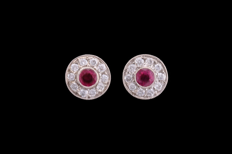 18ct Yellow Gold and White Gold Diamond and Ruby Round Cluster Stud Earrings