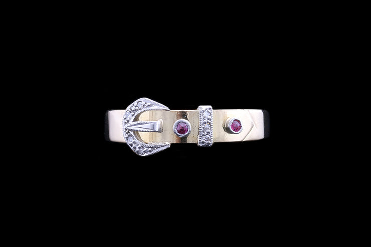 Victorian 18ct Yellow Gold and Platinum Diamond and Ruby Buckle Ring