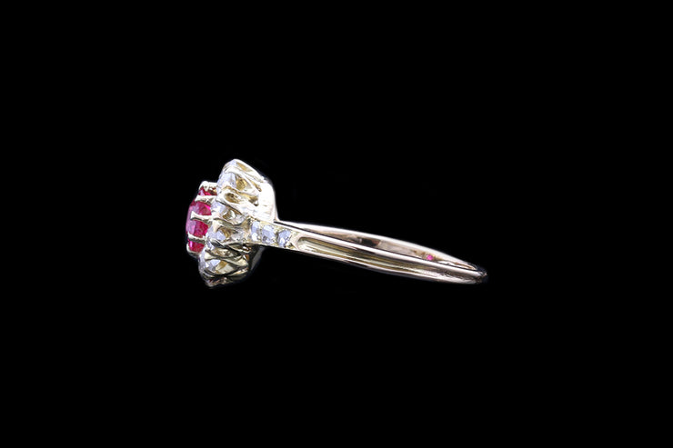 Victorian 18ct Yellow Gold Diamond and Ruby Cluster Ring with Diamond Shoulders