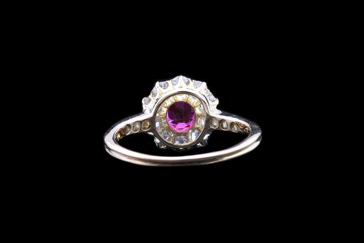 Victorian 18ct Yellow Gold Diamond and Ruby Cluster Ring with Diamond Shoulders