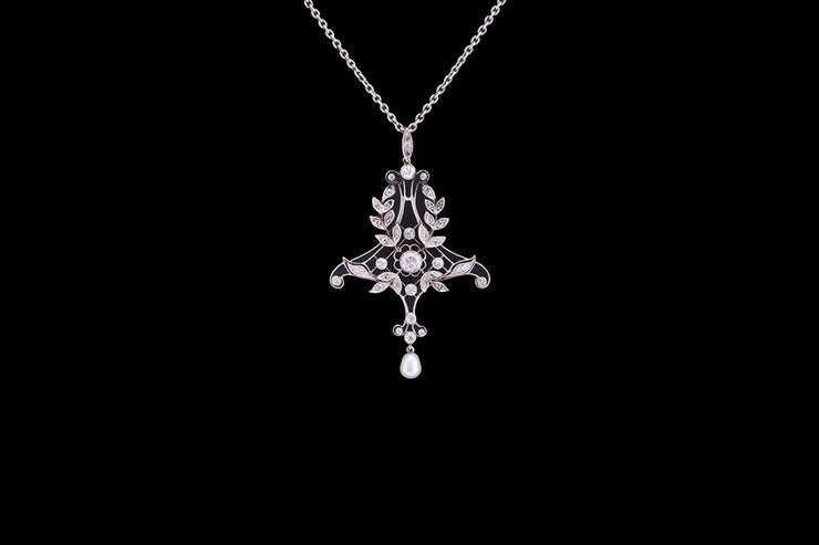 Belle Époque 18ct White Gold Diamond and Natural Pearl Decorative Pendant