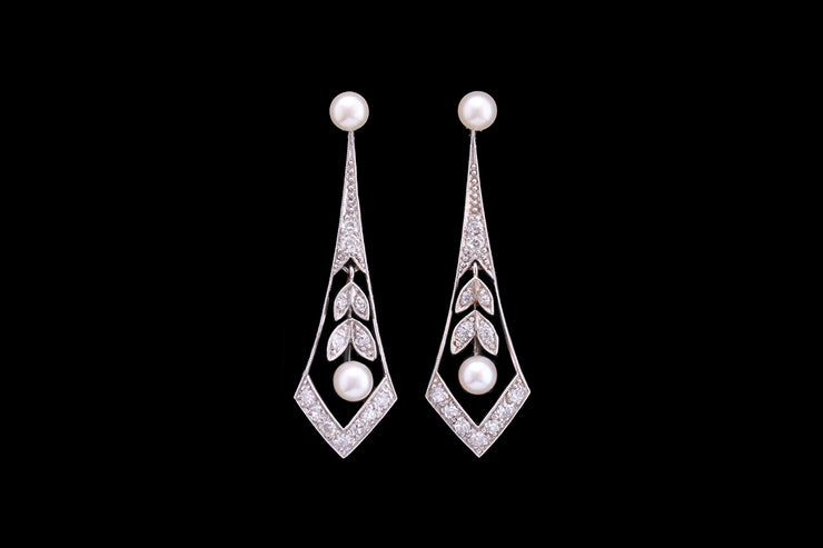 Art Deco 18ct White Gold Diamond and Cultured Pearl Drop Earrings