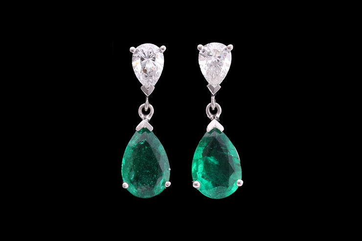 18ct White Gold Diamond and Emerald Drop Earrings