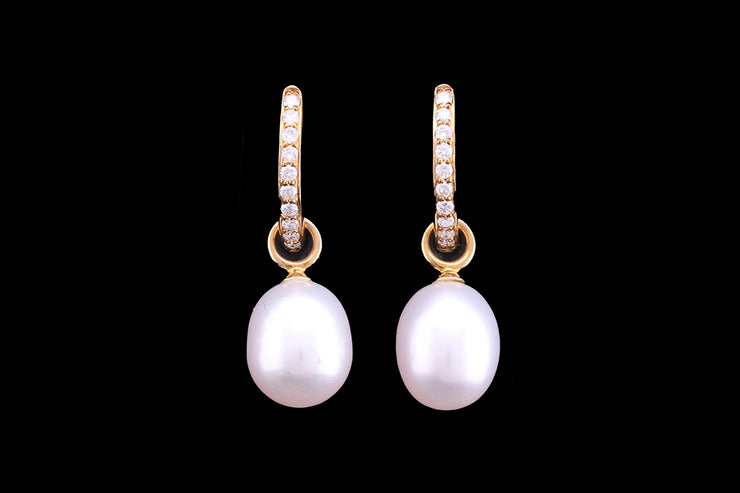 9ct Yellow Gold Diamond and Freshwater Pearl Drop Hoop Earrings