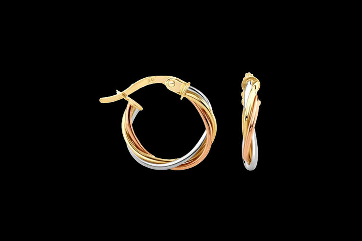 9ct Yellow Gold, White Gold and Rose Gold Twisted Hoop Earrings