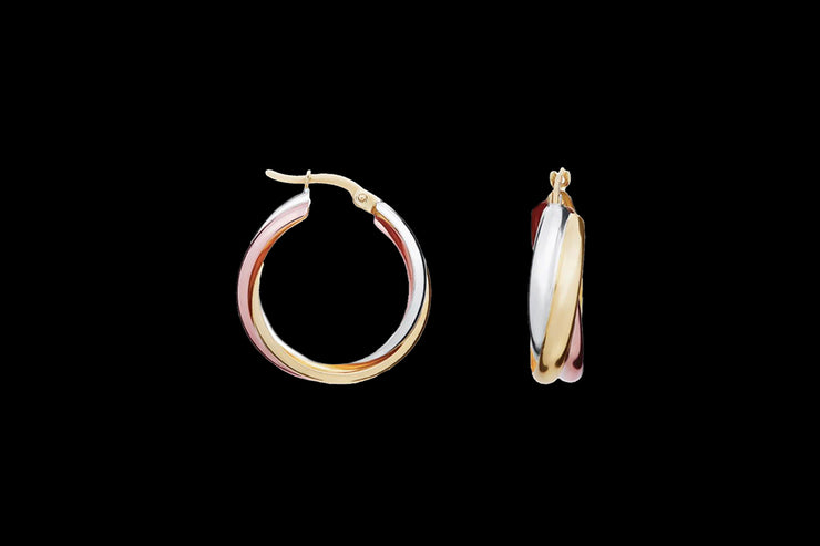 9ct Yellow Gold, White Gold and Rose Gold Russian Style Hoop Earrings