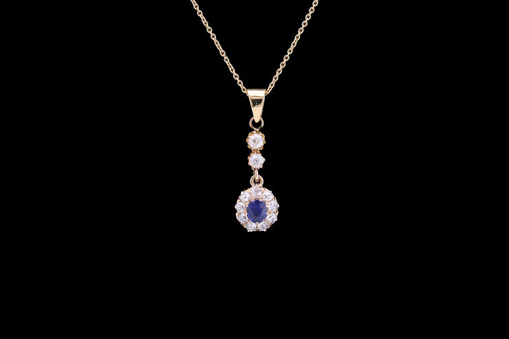 Victorian 18ct Yellow Gold Diamond and Sapphire Cluster Drop Pendant