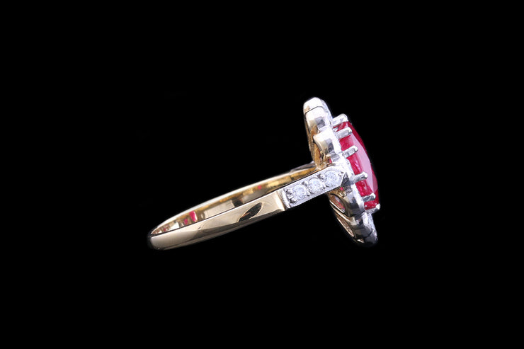 18ct Yellow Gold and White Gold Diamond and Ruby Oval Cluster Ring with Diamond Shoulders