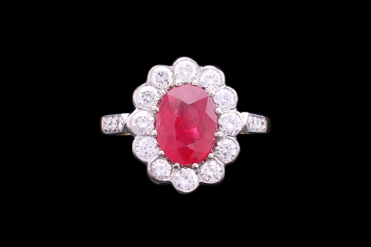 18ct Yellow Gold and White Gold Diamond and Ruby Oval Cluster Ring with Diamond Shoulders