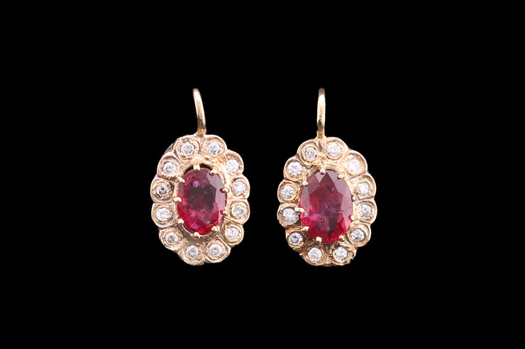 18ct Yellow Gold Diamond and Ruby Oval Cluster Drop Earrings