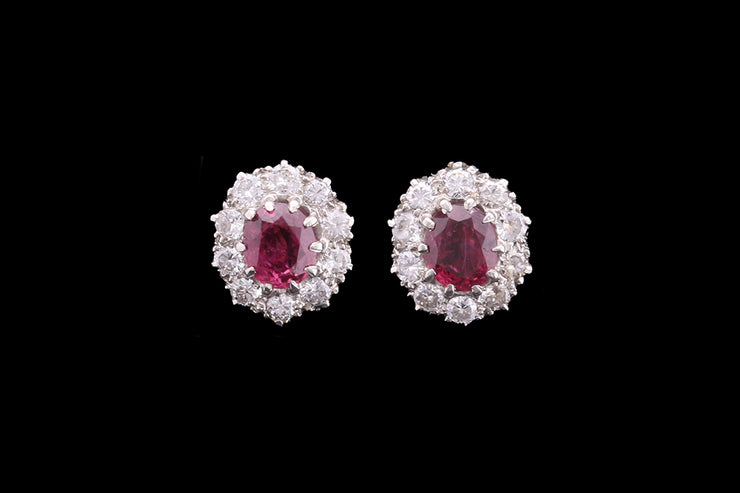 18ct Yellow Gold and White Gold Diamond and Ruby Oval Cluster Stud Earrings