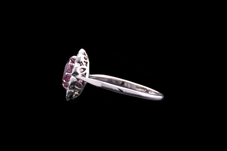 Art Deco 18ct White Gold and Platinum Diamond and Ruby Oval Cluster Ring