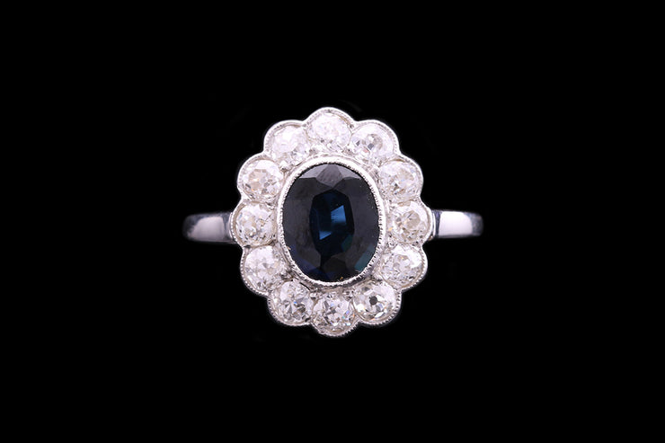 Art Deco 14ct White Gold Diamond and Sapphire Oval Cluster Ring