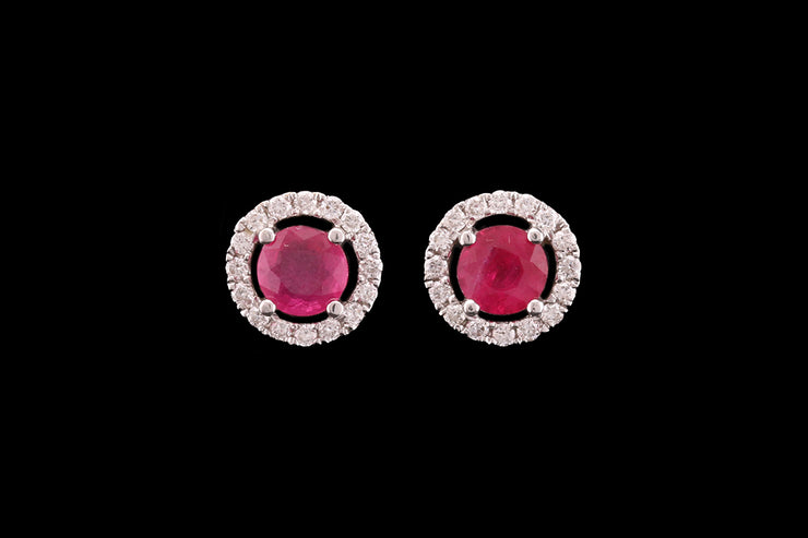 18ct White Gold Diamond and Ruby Halo Style Stud Earrings