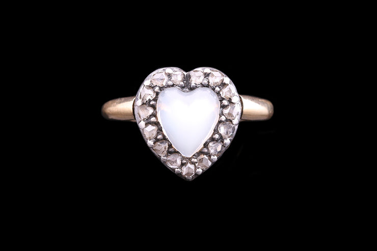 Victorian 18ct Yellow Gold and Silver Diamond and Moonstone Heart Cluster Ring