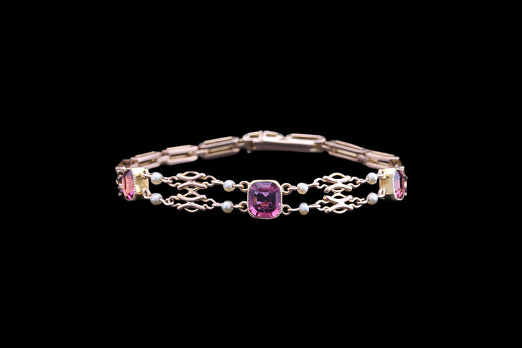 Edwardian 15ct Yellow Gold Pink Tourmaline and Seed Pearl Bracelet
