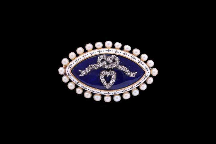 Victorian 15ct Yellow Gold and Silver Diamond, Enamel and Seed Pearl Eternal Love Brooch
