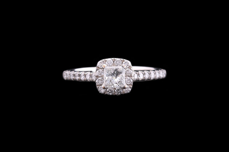 18ct White Gold Diamond Halo Ring with Diamond Shoulders
