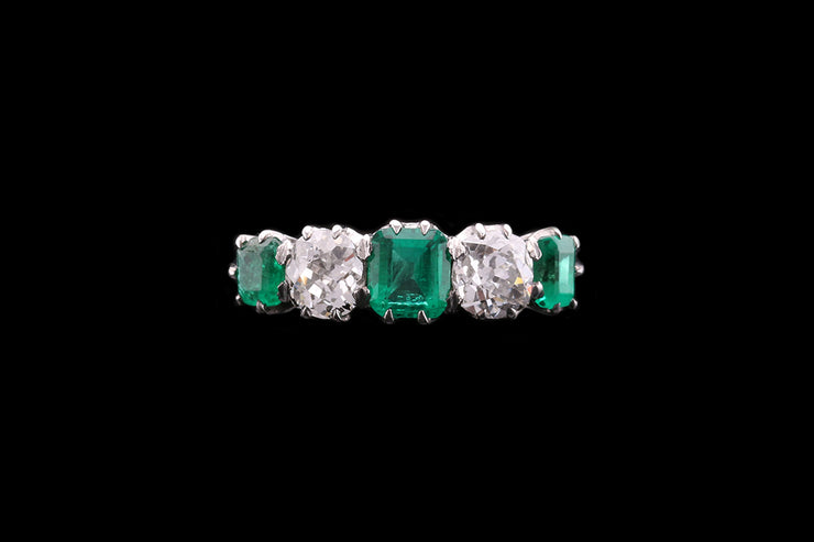 Edwardian 18ct White Gold and Platinum Diamond and Emerald Five Stone Ring
