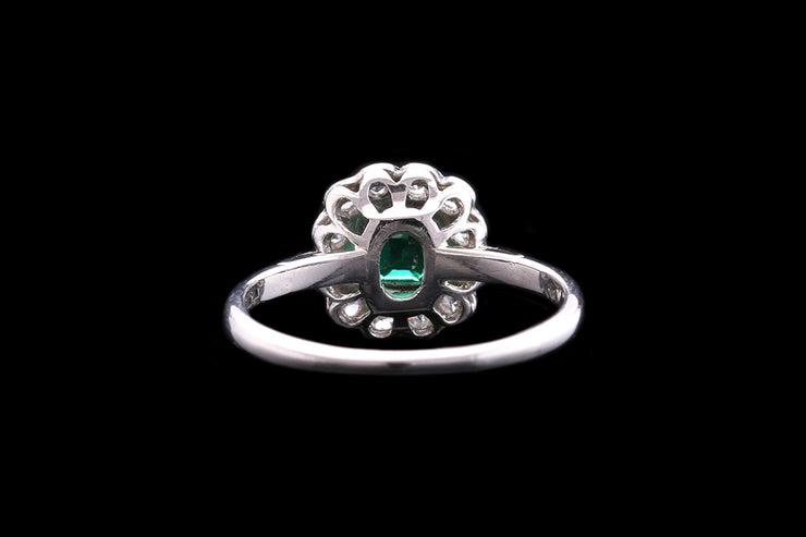 Art Deco Platinum Diamond and Emerald Cluster Ring