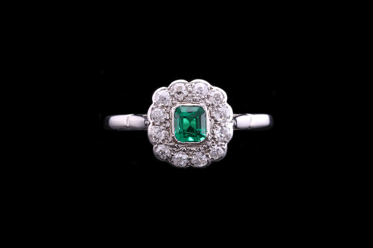 Art Deco Platinum Diamond and Emerald Cluster Ring