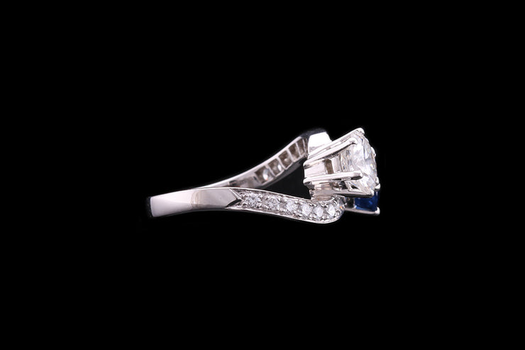 18ct White Gold Diamond and Sapphire Two Stone Twist Ring with Diamond Shoulders